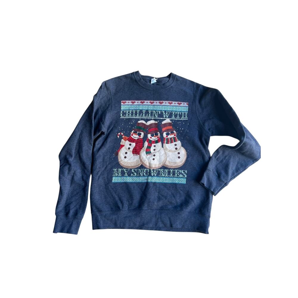 Port & Company Women's Ugly Christmas Snowman Sweatshirt Blue Size Small